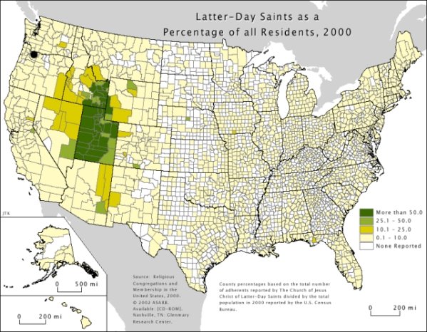 The distribution of Mormons in the U.S.